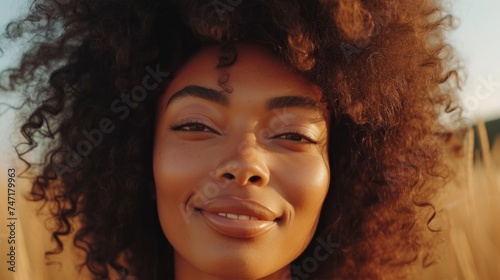 A woman with a radiant smile and voluminous curly hair set against a warm blurred background exuding a sense of joy and natural beauty.