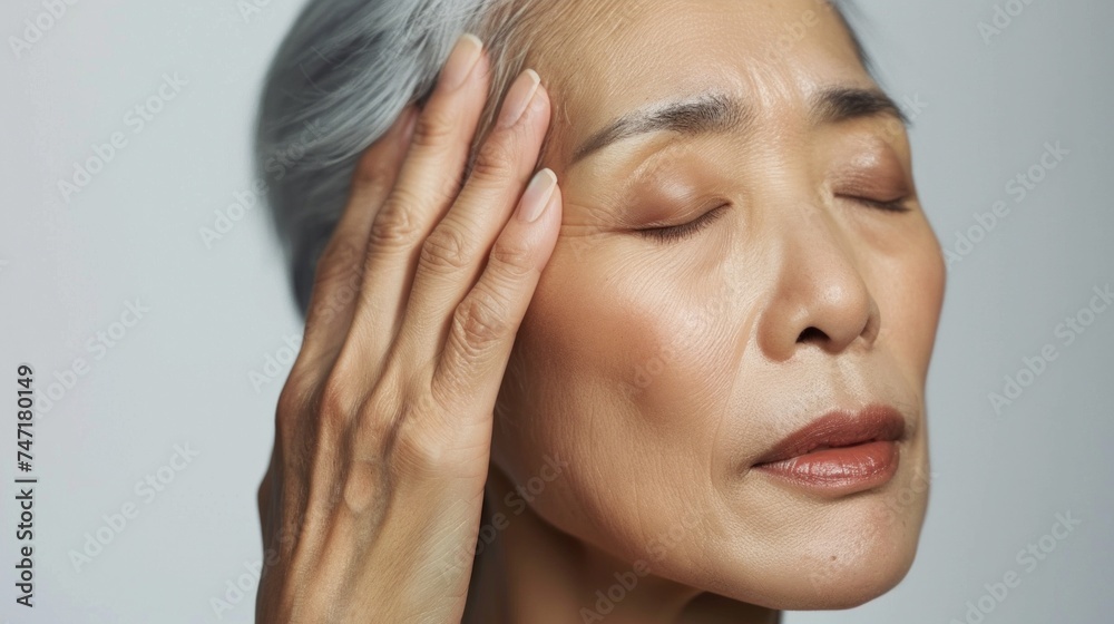 A woman with closed eyes her hand gently resting on her forehead conveying a sense of relaxation or contemplation. A woman with closed eyes her hand gently resting on her forehead conveying a sense of relaxation or contemplation.