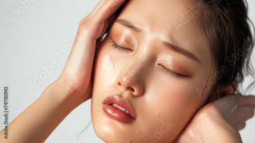 A close-up of a person with closed eyes appearing to be in a state of relaxation or possibly after a facial treatment with visible droplets on their face and hands gently resting on their cheeks.