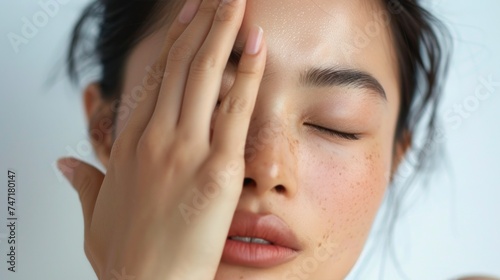 A close-up of a person with their eyes closed hand gently resting on their face conveying a sense of relaxation or contemplation.