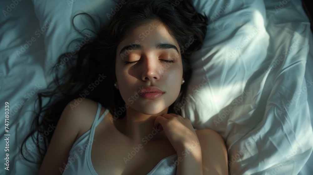 A young woman with long dark hair peacefully sleeping on her side with her head resting on a white pillow her eyes closed and her hand gently placed on her cheek. A young woman with long dark hair peacefully sleeping on her side with her head resting on a white pillow her eyes closed and her hand gently placed on her cheek.