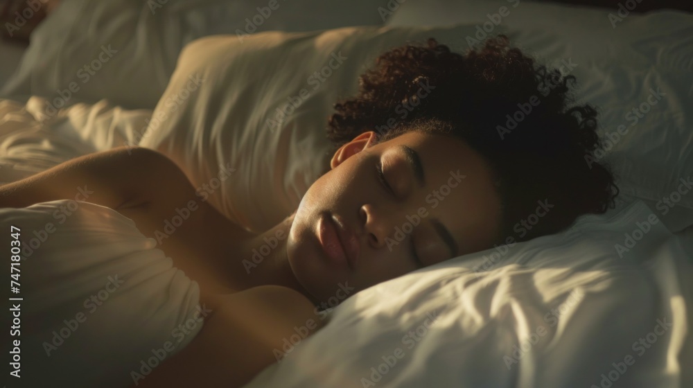 A serene close-up of a person with curly hair peacefully sleeping on a white bed with soft lighting suggesting a calm and restful atmosphere. A serene close-up of a person with curly hair peacefully sleeping on a white bed with soft lighting suggesting a calm and restful atmosphere.