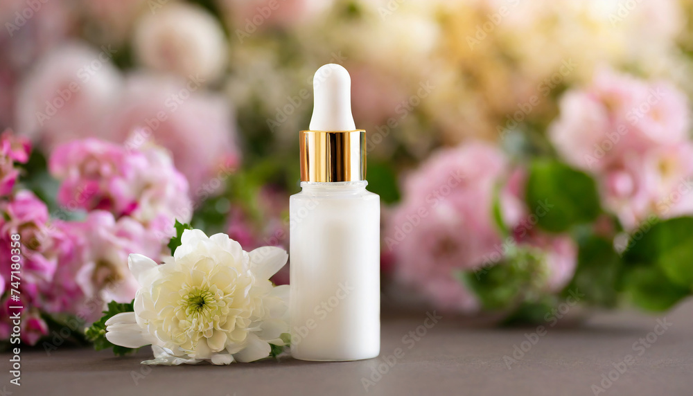 Mock-up of glass white cosmetic serum bottle on stone stand, blooming flowers. Natural skin care product.