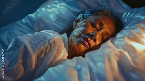 A serene image of a woman peacefully sleeping on a bed with white sheets her face relaxed and eyes closed bathed in soft warm light.