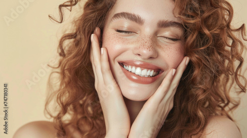 Radiant Smile and Joyful Expression of a Young Woman with Curly Hair and Freckles on a Warm Beige Background