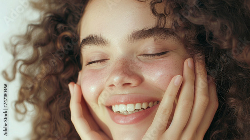 Radiant Smile and Joyful Expression of a Young Woman with Curly Hair and Freckles on a Warm Beige Background