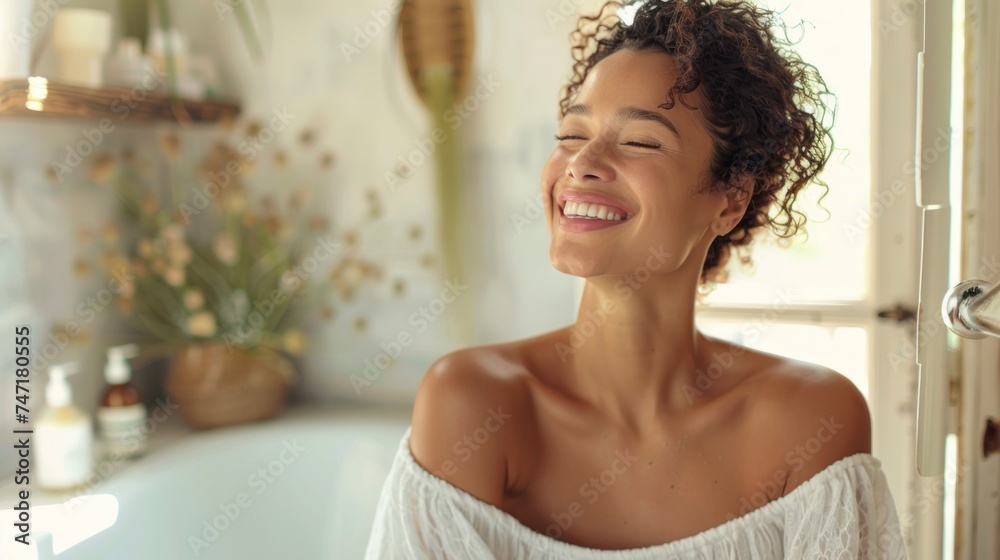 Smiling woman with curly hair wearing white blouse standing in bathroom with open window enjoying the moment. Smiling woman with curly hair wearing white blouse standing in bathroom with open window enjoying the moment.