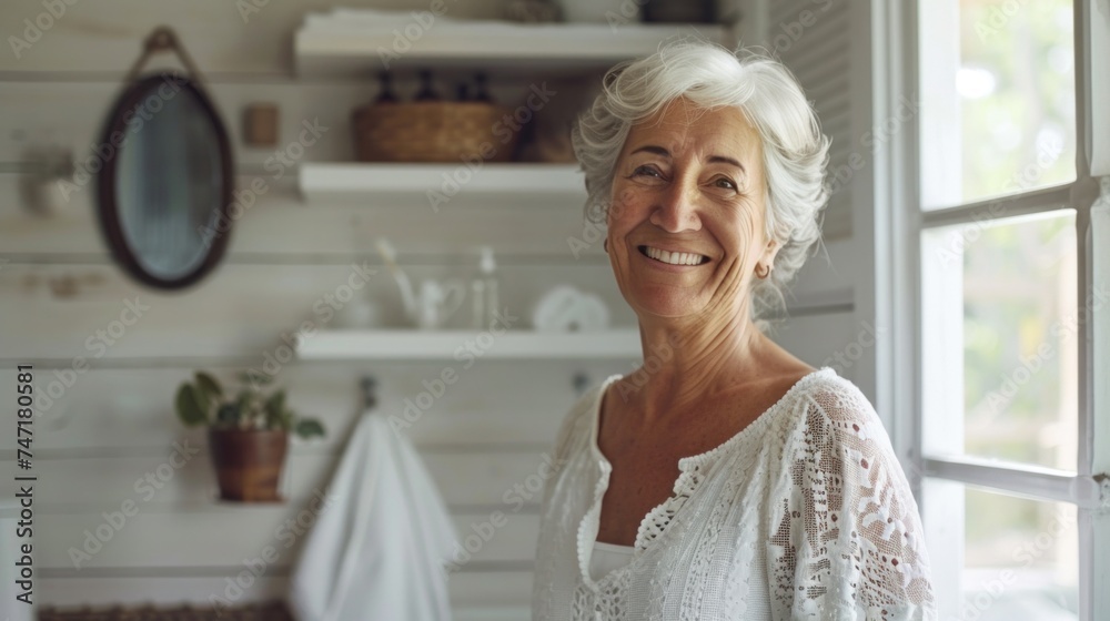 A joyful woman with white hair wearing a white lace top standing in a brightly lit room with white walls and shelves a mirror and a window. A joyful woman with white hair wearing a white lace top standing in a brightly lit room with white walls and shelves a mirror and a window.