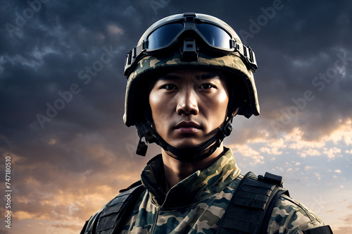 Close-up of focused chinese soldier in camo attire with helmet against dusky sky, confident look. Confident asian soldier in camouflage gear. Military war concept. Copy ad text space. Generate Ai © Alex Vog