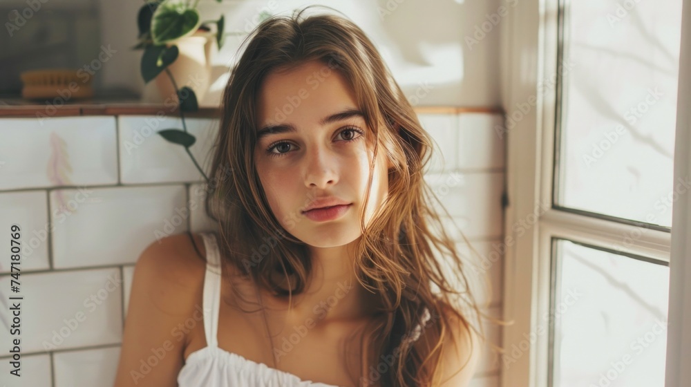 A young woman with long brown hair wearing a white tank top leaning against a white tiled wall with a potted plant on a shelf above her looking directly at the camera with a gentle expression.