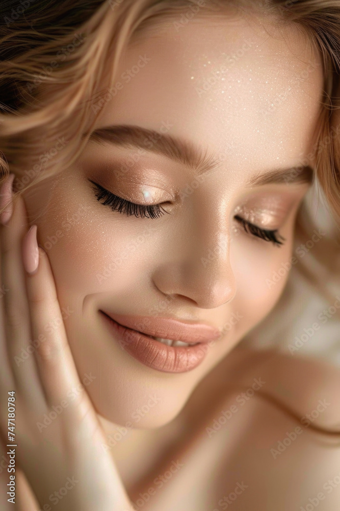 Soft and Dreamy Close-Up Portrait of a Young Woman with Glowing Skin, Elegant Makeup, and a Serene Expression Soft and Dreamy Close-Up Portrait of a Young Woman with Glowing Skin, Elegant Makeup, and a Serene Expression