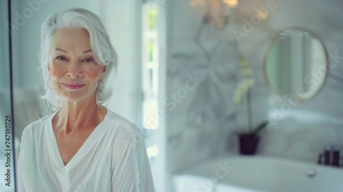 Elegant woman with silver hair wearing a white blouse standing in a modern bathroom with marble walls and a potted plant.