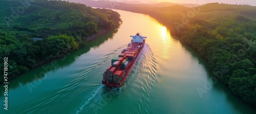Aerial view of container cargo ship moving through a canal with ample space for text placement photo