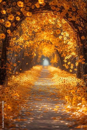 A Brown Wood Road surface surrounded by Amber leaves in autumn