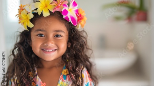 A young girl with curly hair wearing a colorful flower crown smiling at the camera dressed in a vibrant floral-patterned top.