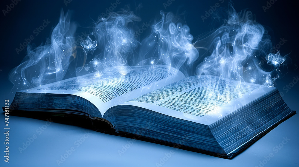 Fototapeta premium an open book surrounded by magical elements like butterflies