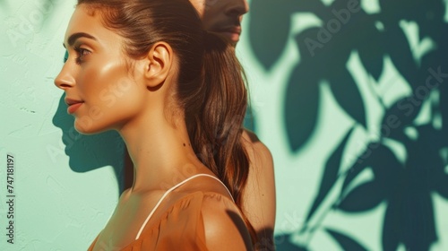 A woman with a side profile wearing a sleeveless top standing against a textured green wall with a shadow of a plant on it. photo