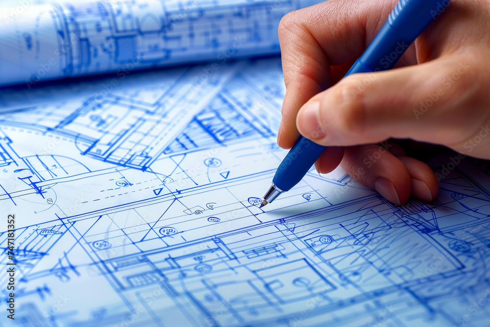 close-up of an interior architect's hand holding a pen while making annotations on a blueprint, showcasing the precision and attention to detail required in architectural planning, close-up of an interior architect's hand holding a pen while making annotations on a blueprint, showcasing the precision and attention to detail required in architectural planning,
