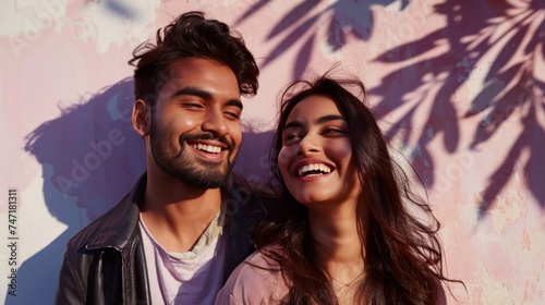 Young couple sharing a joyful moment smiling brightly with the man wearing a leather jacket and the woman in a pink top against a pink wall with palm leaf shadows.