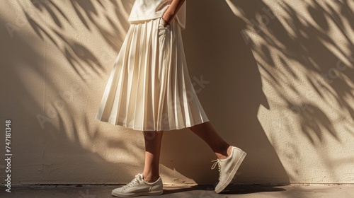 A woman in a white midi skirt and white sneakers standing in a sunny spot with shadows cast by leaves on the wall behind her.