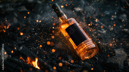 a bottle of whisky on charcoal with fire and flame, blank black label, Generative Ai photo