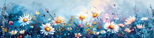 A vector artistic works of a spring and summer backdrop with a watercolors daisy bloom and space, Generative AI. #747181531