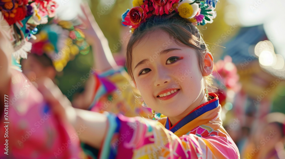 A group of children participating in a traditional dance performance dressed in vibrant costumes to celebrate Golden Week. A group of children participating in a traditional dance performance dressed in vibrant costumes to celebrate Golden Week.