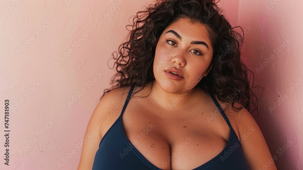 A woman with curly hair wearing a blue tank top standing against a pink wall with a slight smile and looking to the side. A woman with curly hair wearing a blue tank top standing against a pink wall with a slight smile and looking to the side.