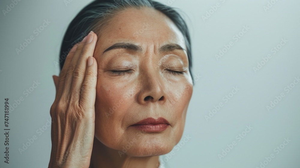 Woman with closed eyes hand on forehead in contemplative pose against soft-focus background. Woman with closed eyes hand on forehead in contemplative pose against soft-focus background.
