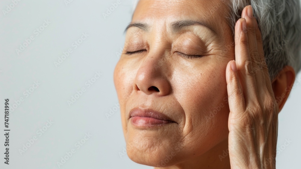 Fototapeta premium A serene elderly woman with closed eyes resting her hands on her temples conveying a sense of tranquility and inner peace.
