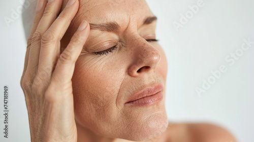Woman with closed eyes hand on forehead showing signs of stress or concern.
