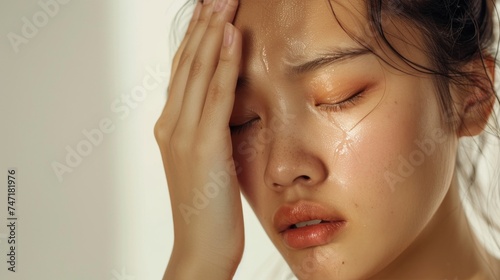 A young woman with closed eyes appearing to be crying with her hand gently resting on her forehead.