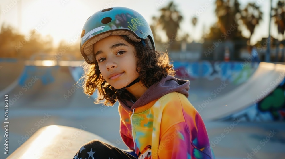 Young skateboarder in vibrant tie-dye hoodie wearing a blue helmet sitting on a ramp with a radiant sunset in the background. Young skateboarder in vibrant tie-dye hoodie wearing a blue helmet sitting on a ramp with a radiant sunset in the background.