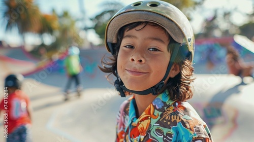 Young skateboarder with a smile wearing a colorful shirt and a protective helmet standing ata skate park with other skaters in the background.