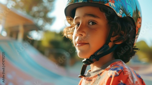 Young skateboarder with curly hair wearing a colorful helmet looking to the side with a focused expression standing at the top of a skate ramp.