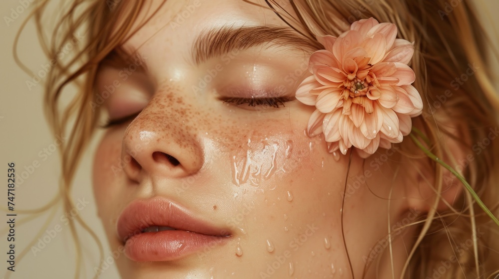 A close-up of a woman's face with closed eyes a pink flower resting on her nose and droplets of water on her skin evoking a sense of freshness and natural beauty. A close-up of a woman's face with closed eyes a pink flower resting on her nose and droplets of water on her skin evoking a sense of freshness and natural beauty.