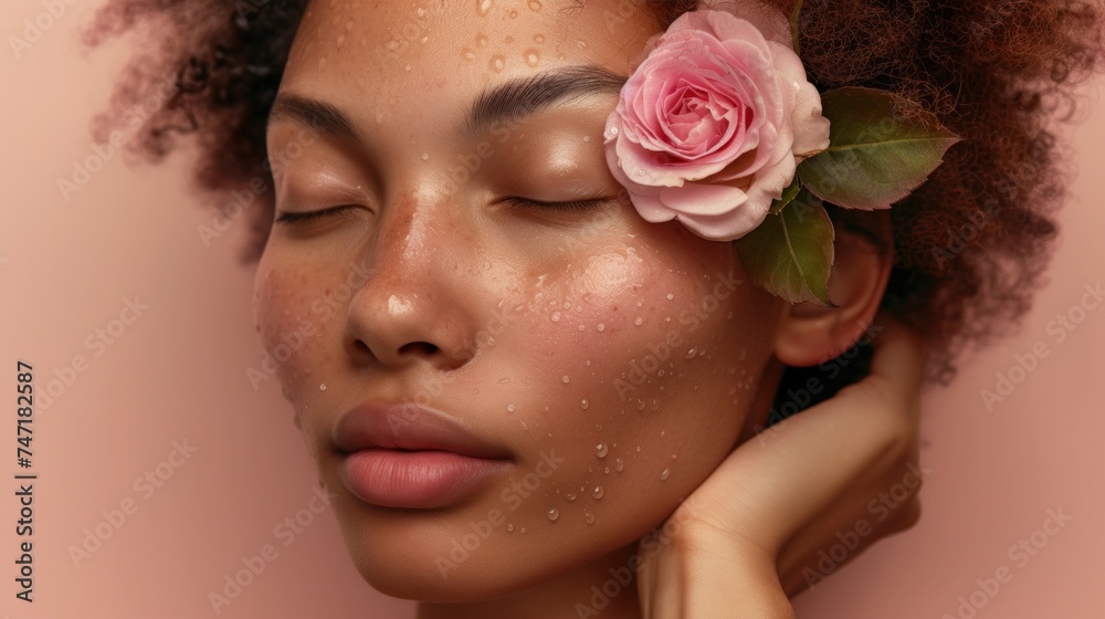 A woman with closed eyes a rose on her forehead and a soft expression with water droplets on her skin set against a pink background. A woman with closed eyes a rose on her forehead and a soft expression with water droplets on her skin set against a pink background.