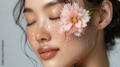 A close-up image of a woman's face with closed eyes adorned with a single pink flower and her skin glistening with droplets of water against a soft light background.