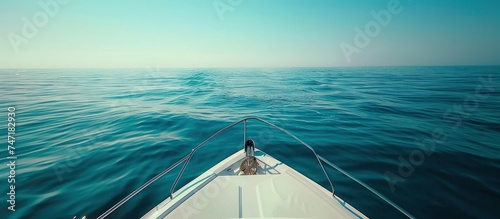Close up a bow of yacht seaward with beautiful blue deep sea landscape, AI generated image © yusufadi