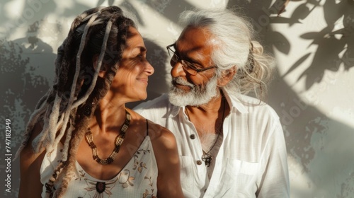 An elderly man and woman sharing a tender moment their faces close together with the man's hand gently touching the woman's face both smiling in the soft light filtering through the leaves of a tree.