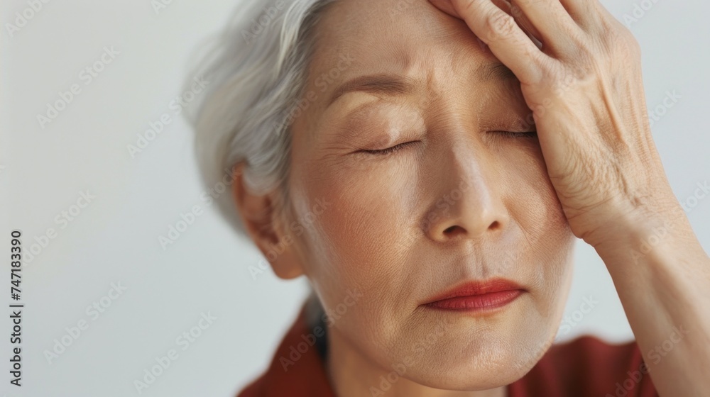 An elderly woman with closed eyes resting her hand on her forehead appearing to be in deep thought or possibly experiencing discomfort. An elderly woman with closed eyes resting her hand on her forehead appearing to be in deep thought or possibly experiencing discomfort.