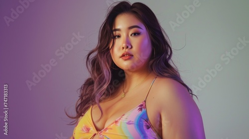 A young woman with long wavy hair wearing a vibrant floral-patterned bikini top posing with a soft confident expression against a purple-toned background.