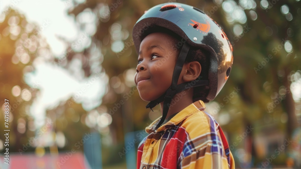 Young boy in plaid shirt wearing a blue and orange helmet looking up with a thoughtful expression standing in a park with blurred trees in the background. Young boy in plaid shirt wearing a blue and orange helmet looking up with a thoughtful expression standing in a park with blurred trees in the background.