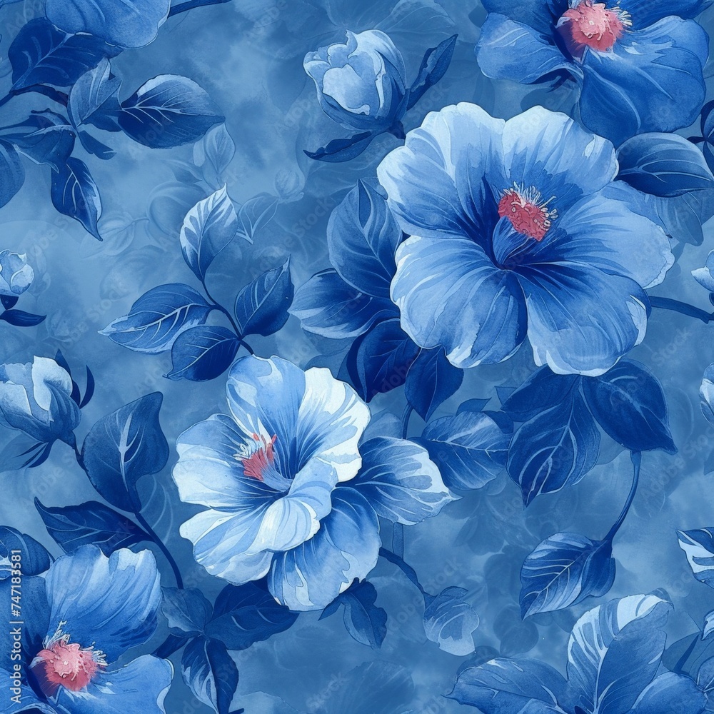 Blue Hibiscus Flower Seamless Pattern on Blue Background for Summer Design and Textile Print