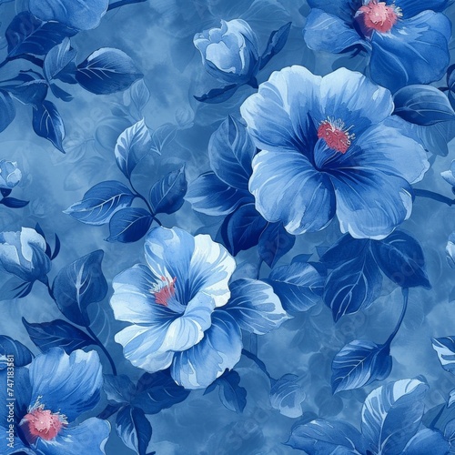 Blue Hibiscus Flower Seamless Pattern on Blue Background for Summer Design and Textile Print © VICHIZH