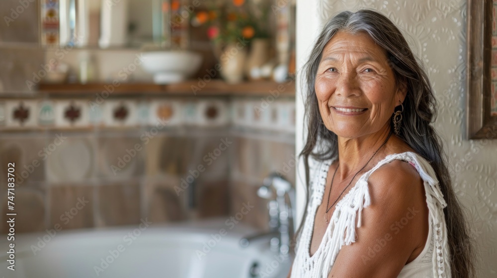Woman with long dark hair wearing a white lace top standing in a bathroom with a white bathtub a wooden shelf with a white bowl and a patterned wall. Woman with long dark hair wearing a white lace top standing in a bathroom with a white bathtub a wooden shelf with a white bowl and a patterned wall.