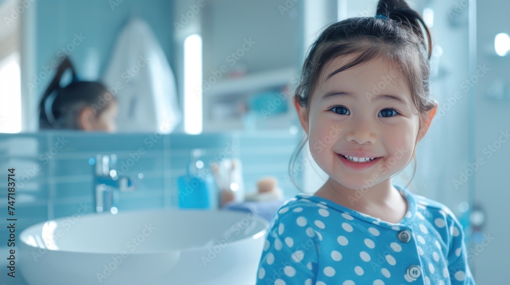 A young girl with a bright smile wearing a blue polka-dot shirt standing in a bathroom with a white sink and blue tiles looking at the camera. A young girl with a bright smile wearing a blue polka-dot shirt standing in a bathroom with a white sink and blue tiles looking at the camera.