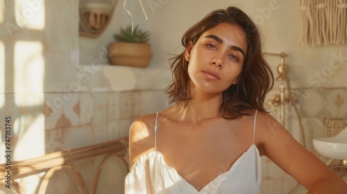 A woman with long hair wearing a white off-the-shoulder top standing in a bathroom with a potted plant and a patterned wall in the background.