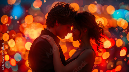 A photo of a couple dancing, with city lights twinkling in the background, during a romantic evening