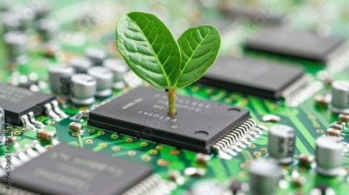 Green plant sprouting from computer processor unit, concept of technology and nature integration